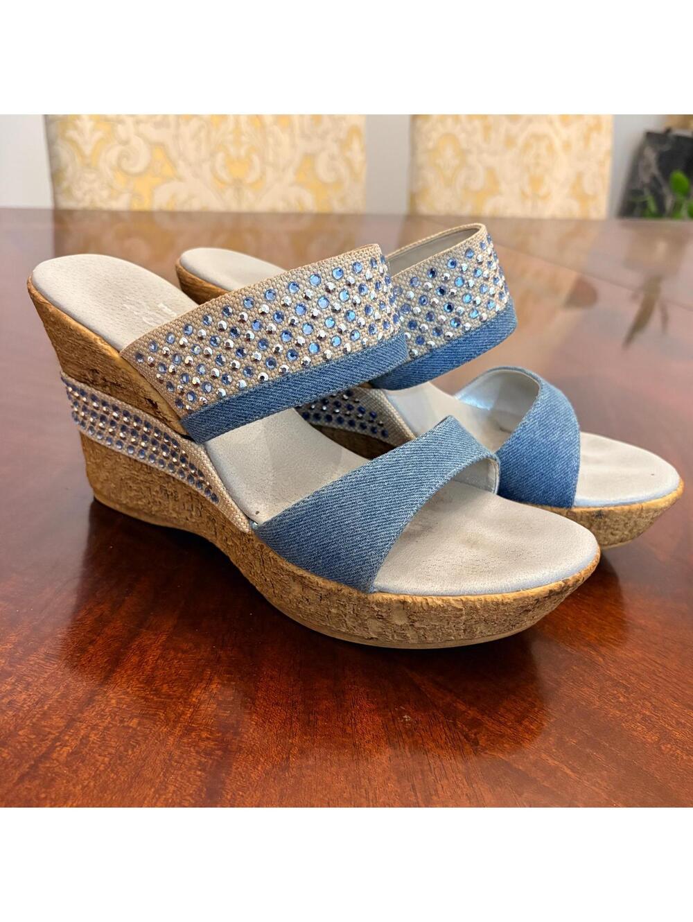Onex Blue Wedge Sandals with Rhinestone Accents Women's Size 10 Made in USA